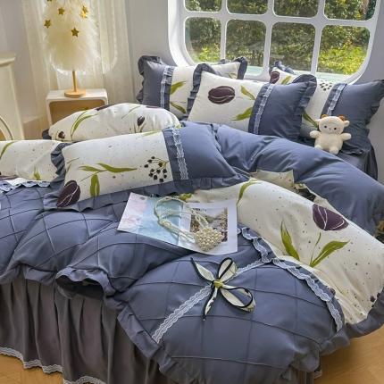 91家纺网 家纺一手货源 找家纺 金米诺 2024新款蝴蝶结韩版蕾丝花边床裙四件套 花暖迎春-米