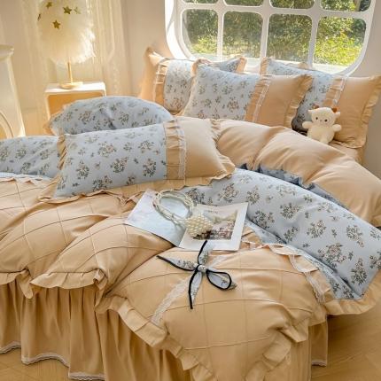 91家纺网 家纺一手货源 找家纺 金米诺 2024新款蝴蝶结韩版蕾丝花边床裙四件套 苏雅-天空蓝