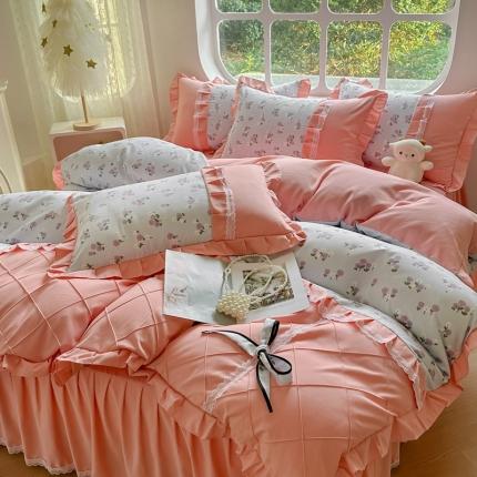 91家纺网 家纺一手货源 找家纺 金米诺 2024新款蝴蝶结韩版蕾丝花边床裙四件套 锦香婷-沁蓝