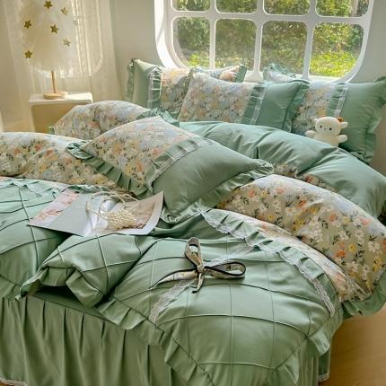 91家纺网 家纺一手货源 找家纺 金米诺 2024新款蝴蝶结韩版蕾丝花边床裙四件套 香草集-灰绿