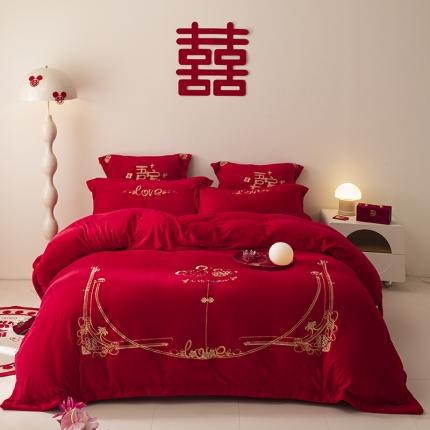 91家纺网 家纺一手货源 找家纺 （总）2025新款高克重牛奶绒刺绣婚庆四件套大红套件