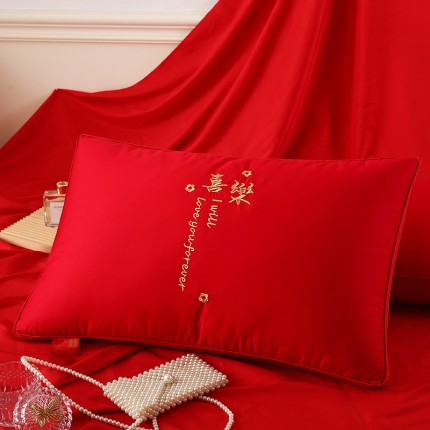 91家纺网 家纺一手货源 找家纺 新款婚庆全棉枕芯刺绣款羽丝绒枕头纯棉立体大红色