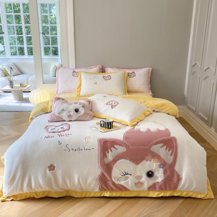 91家纺网 家纺一手货源 找家纺 紫碧螺 2023新款牛奶绒系列四件套-林娜贝尔 林娜贝尔-黄色