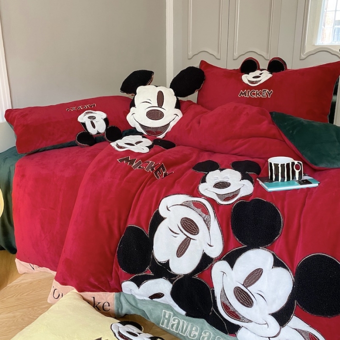 91家纺网 家纺一手货源 找家纺 紫碧螺 2023新款牛奶绒系列四件套-米奇 米奇-红色