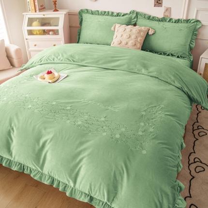91家纺网 家纺一手货源 找家纺 乐嘉盈 2025新款纯色牛奶绒床盖款四件套-绣球花 绣球花-绿
