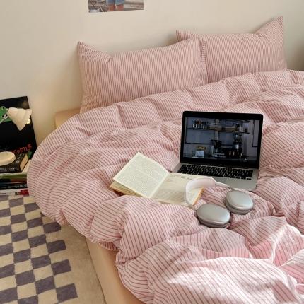 91家纺网 家纺一手货源 找家纺 六巷胡同 2023新款INS博主风中性莫兰迪条纹系列四件套 皓月白条