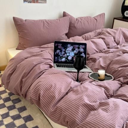 91家纺网 家纺一手货源 找家纺 （总）六巷胡同 2024春夏新款INS博主风中性莫兰迪条纹系列四件套