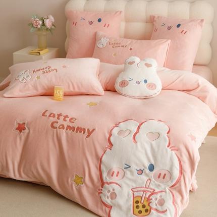新230克加厚牛奶绒贴布绣花四件套小清新绒四件套儿童卡通三件套保暖套件