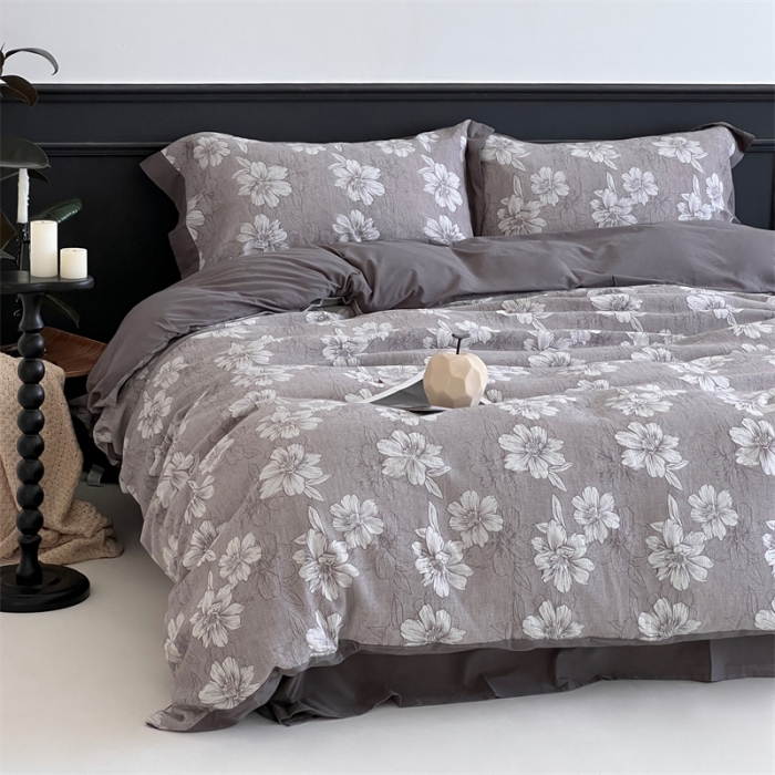 91家纺网 家纺一手货源 找家纺 梦享生活家居 2024新款色织全棉提花亲肤舒适四件套 花开声音-灰