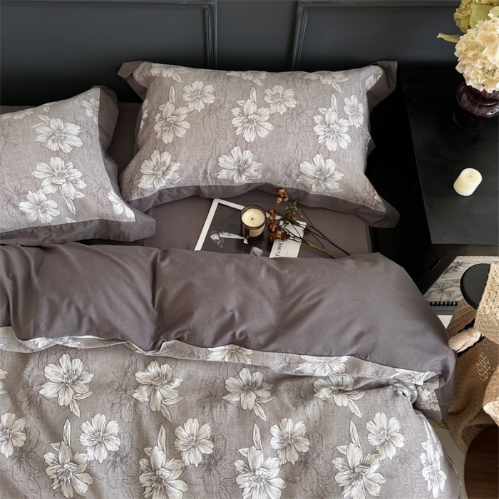 91家纺网 家纺一手货源 找家纺 梦享生活家居 2024新款色织全棉提花亲肤舒适四件套 花开声音-灰
