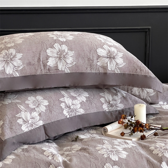 91家纺网 家纺一手货源 找家纺 梦享生活家居 2024新款色织全棉提花亲肤舒适四件套 花开声音-灰