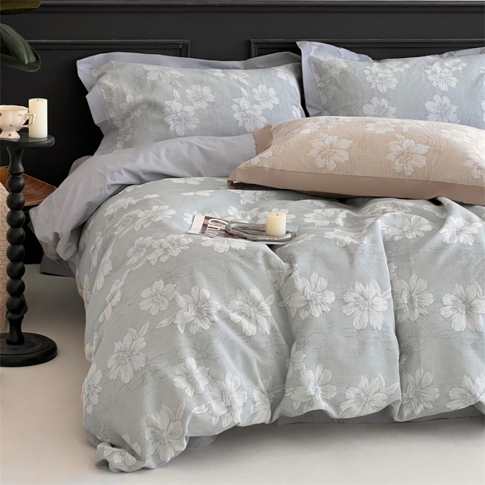 91家纺网 家纺一手货源 找家纺 梦享生活家居 2024新款色织全棉提花亲肤舒适四件套 花开声音-兰