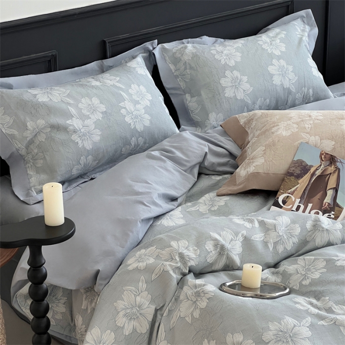 91家纺网 家纺一手货源 找家纺 梦享生活家居 2024新款色织全棉提花亲肤舒适四件套 花开声音-兰