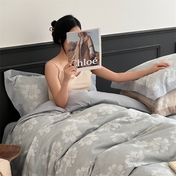 91家纺网 家纺一手货源 找家纺 梦享生活家居 2024新款色织全棉提花亲肤舒适四件套 花开声音-兰