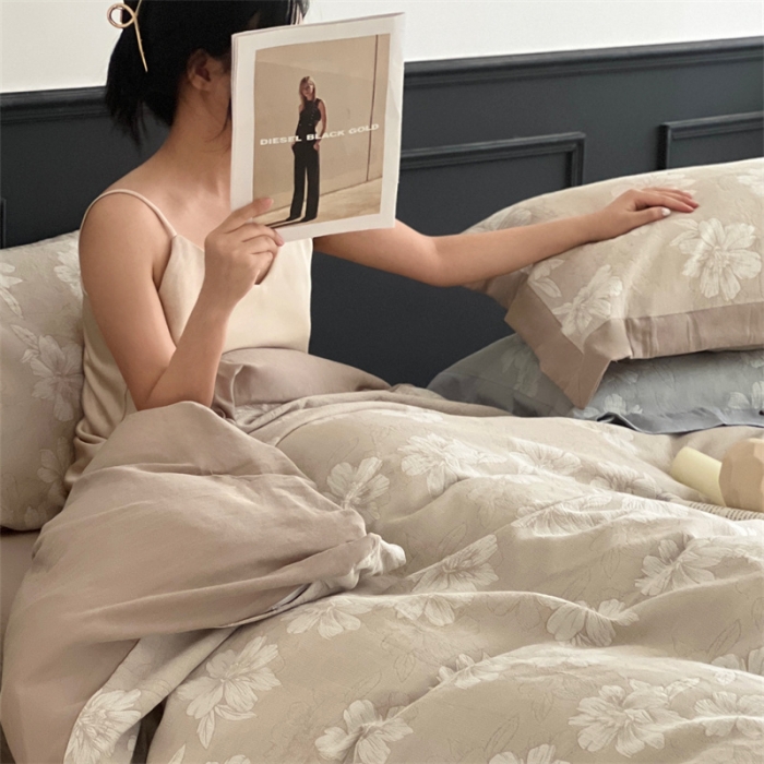 91家纺网 家纺一手货源 找家纺 梦享生活家居 2024新款色织全棉提花亲肤舒适四件套 花开声音-米驼