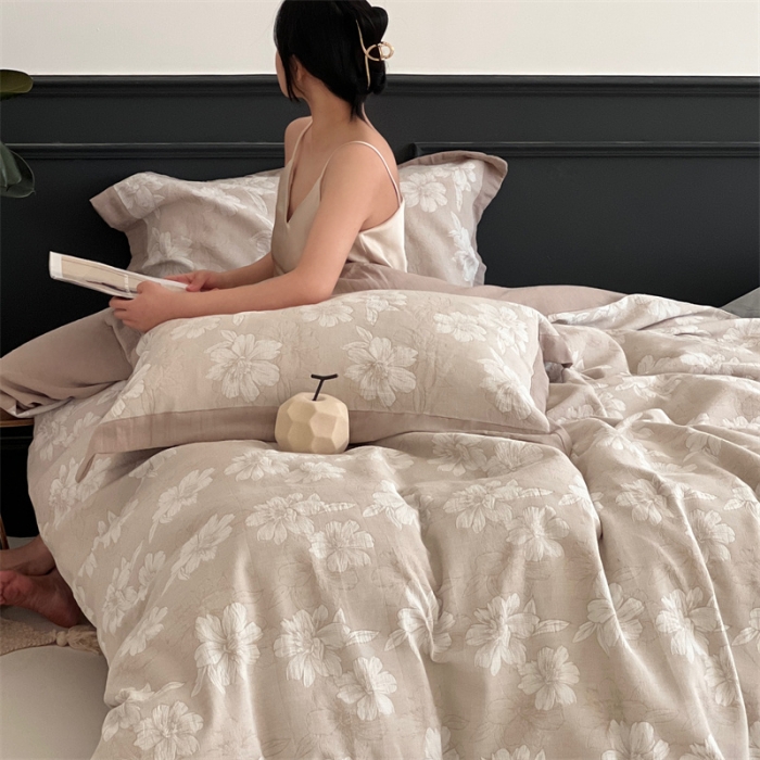 91家纺网 家纺一手货源 找家纺 梦享生活家居 2024新款色织全棉提花亲肤舒适四件套 花开声音-米驼