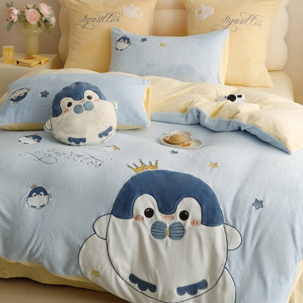 91家纺网 家纺一手货源 找家纺 新款绒梦里230克卡通贴布加厚牛奶绒四件套冬季儿童卡通三件套保暖套件