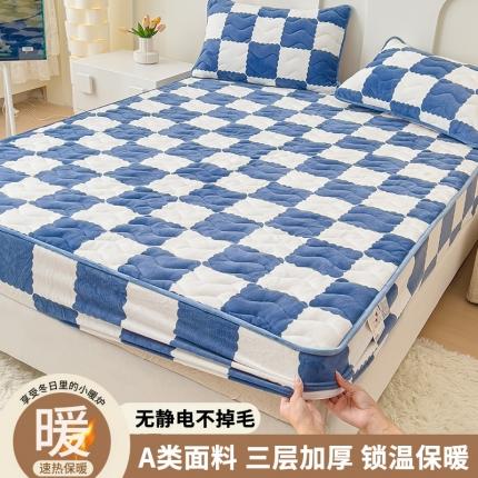 91家纺网 家纺一手货源 找家纺 恒尚居 2023新款棋盘格夹棉床笠 棋盘格-高贵蓝