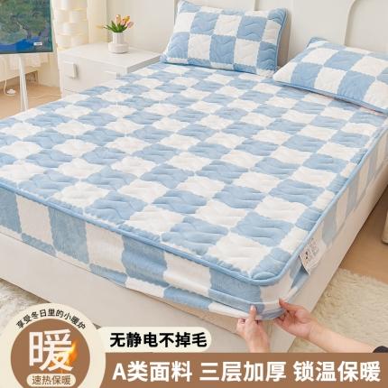 91家纺网 家纺一手货源 找家纺 恒尚居 2023新款棋盘格夹棉床笠 棋盘格-浅蓝