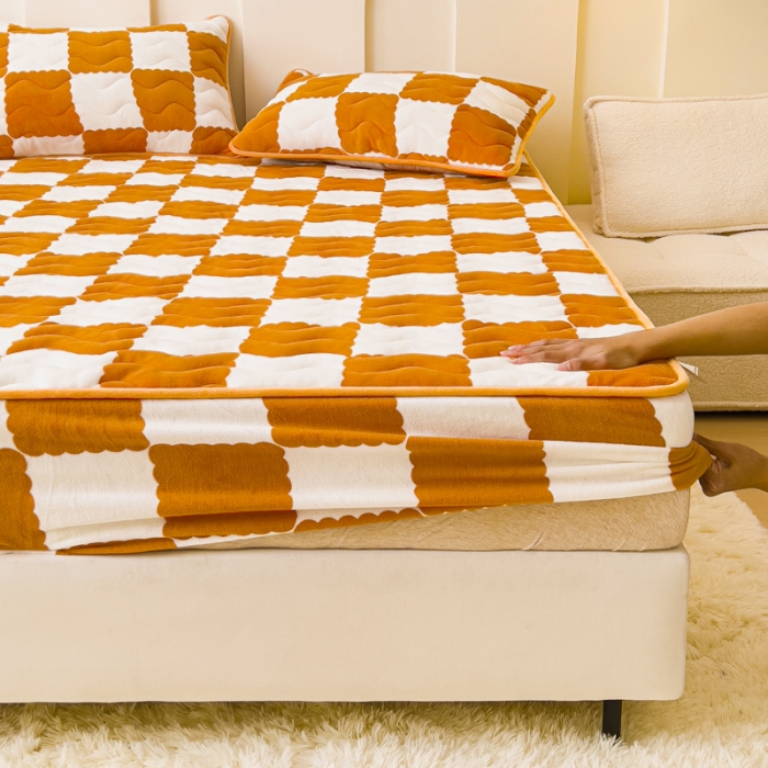 91家纺网 家纺一手货源 找家纺 恒尚居 2023新款棋盘格夹棉床笠 棋盘格-橘黄