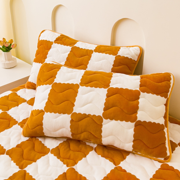 91家纺网 家纺一手货源 找家纺 恒尚居 2023新款棋盘格夹棉床笠 棋盘格-橘黄