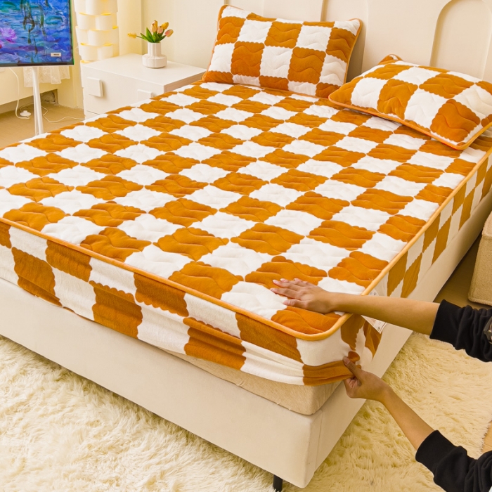 91家纺网 家纺一手货源 找家纺 恒尚居 2023新款棋盘格夹棉床笠 棋盘格-橘黄
