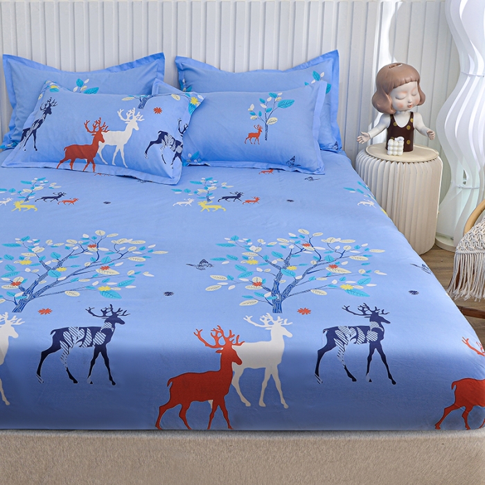 91家纺网 家纺一手货源 找家纺 小雨家纺 2026新款芦荟棉床笠 麋鹿森林蓝