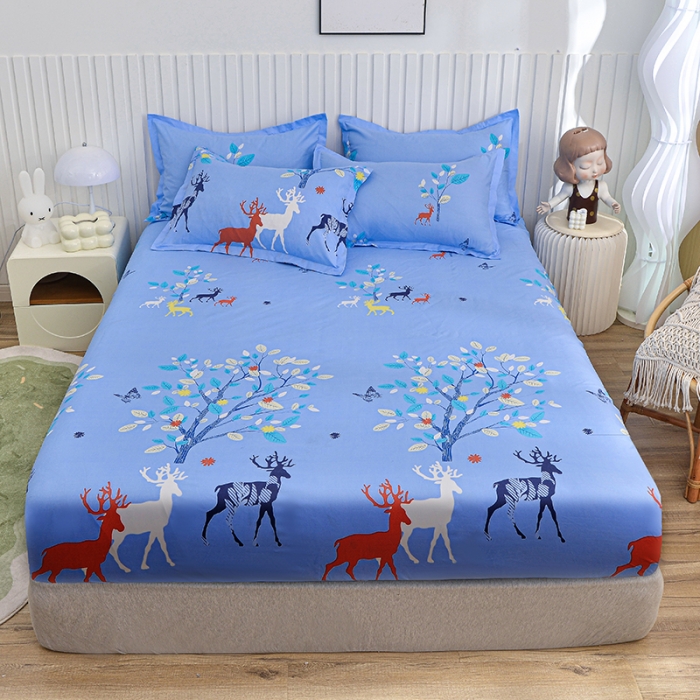 91家纺网 家纺一手货源 找家纺 小雨家纺 2026新款芦荟棉床笠 麋鹿森林蓝