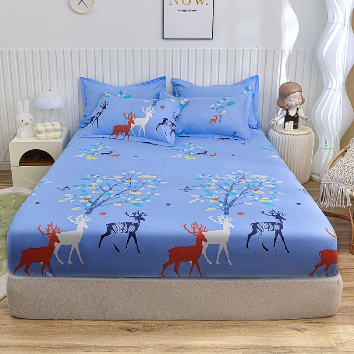 91家纺网 家纺一手货源 找家纺 小雨家纺 2026新款芦荟棉床笠 麋鹿森林蓝