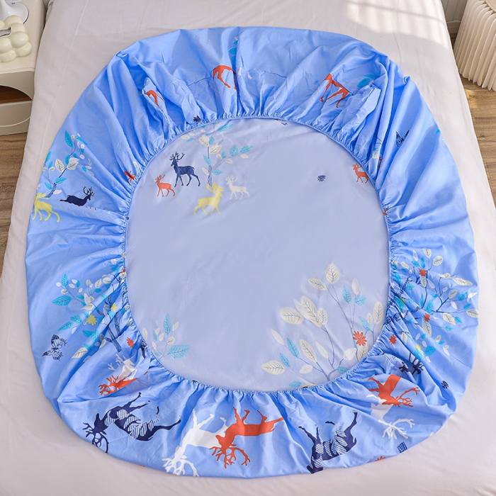 91家纺网 家纺一手货源 找家纺 小雨家纺 2026新款芦荟棉床笠 麋鹿森林蓝