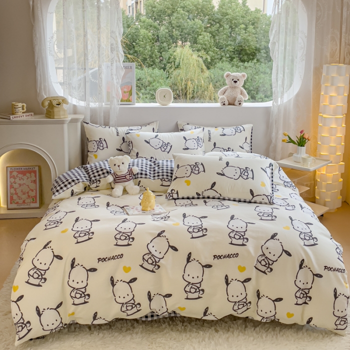 91家纺网 家纺一手货源 找家纺 金丝鸟家纺 2023新款全棉印花可爱卡通帕恰狗四件套 爱心黑白帕恰狗