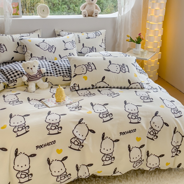 91家纺网 家纺一手货源 找家纺 金丝鸟家纺 2023新款全棉印花可爱卡通帕恰狗四件套 爱心黑白帕恰狗