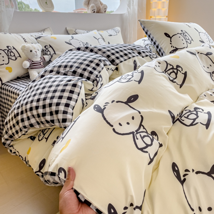 91家纺网 家纺一手货源 找家纺 金丝鸟家纺 2023新款全棉印花可爱卡通帕恰狗四件套 爱心黑白帕恰狗