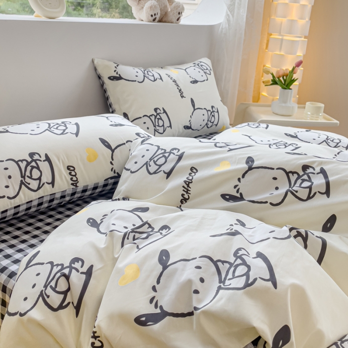 91家纺网 家纺一手货源 找家纺 金丝鸟家纺 2023新款全棉印花可爱卡通帕恰狗四件套 爱心黑白帕恰狗