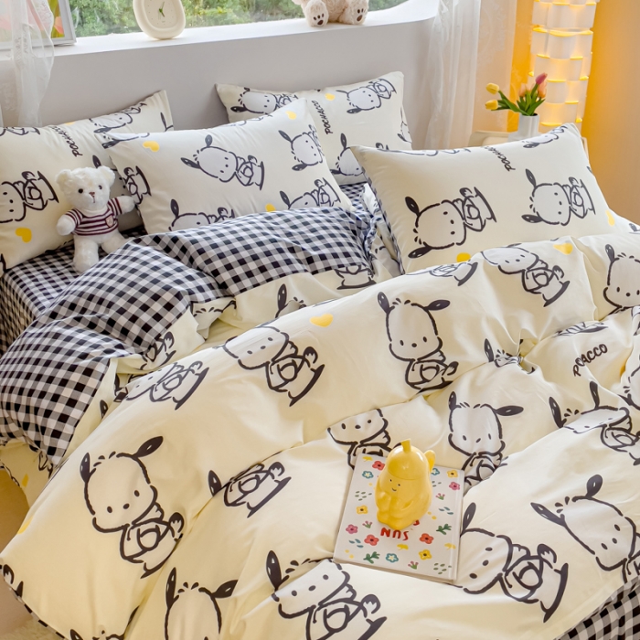 91家纺网 家纺一手货源 找家纺 金丝鸟家纺 2023新款全棉印花可爱卡通帕恰狗四件套 爱心黑白帕恰狗