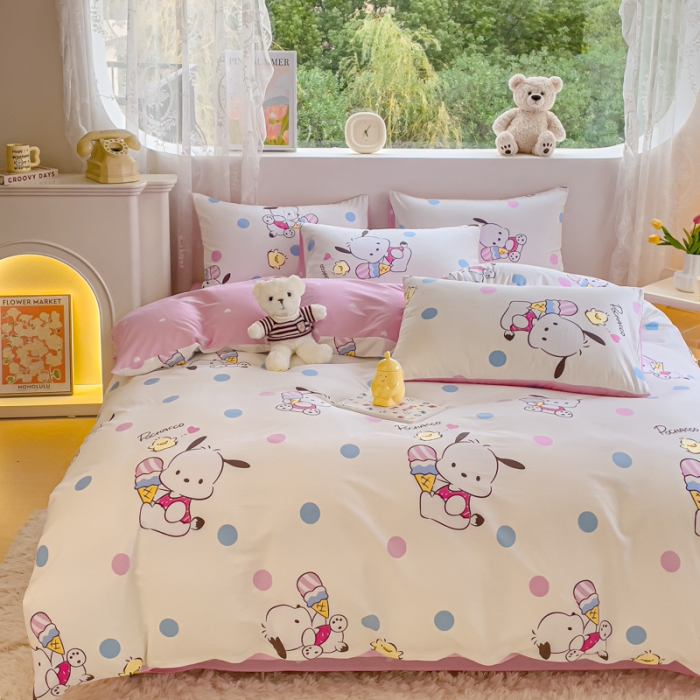 91家纺网 家纺一手货源 找家纺 金丝鸟家纺 2023新款全棉印花可爱卡通帕恰狗四件套 波点帕恰狗