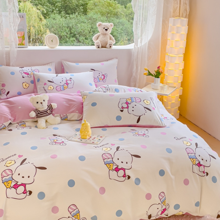 91家纺网 家纺一手货源 找家纺 金丝鸟家纺 2023新款全棉印花可爱卡通帕恰狗四件套 波点帕恰狗