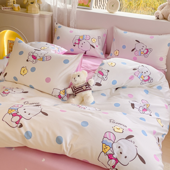 91家纺网 家纺一手货源 找家纺 金丝鸟家纺 2023新款全棉印花可爱卡通帕恰狗四件套 波点帕恰狗