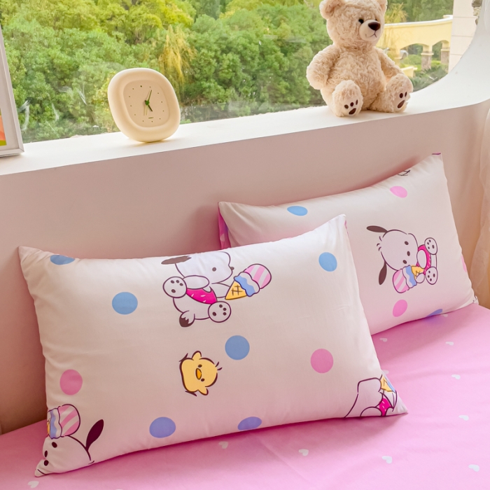 91家纺网 家纺一手货源 找家纺 金丝鸟家纺 2023新款全棉印花可爱卡通帕恰狗四件套 波点帕恰狗