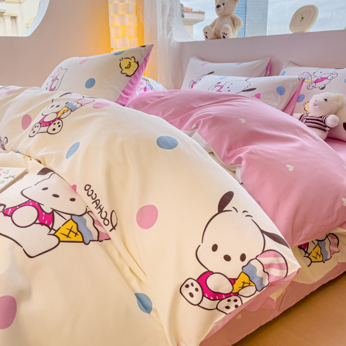 91家纺网 家纺一手货源 找家纺 金丝鸟家纺 2023新款全棉印花可爱卡通帕恰狗四件套 波点帕恰狗