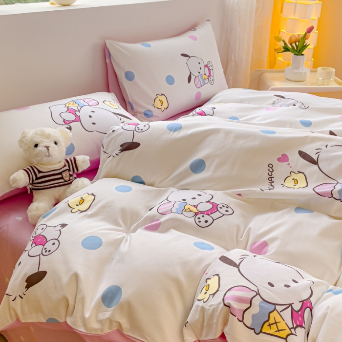 91家纺网 家纺一手货源 找家纺 金丝鸟家纺 2023新款全棉印花可爱卡通帕恰狗四件套 波点帕恰狗