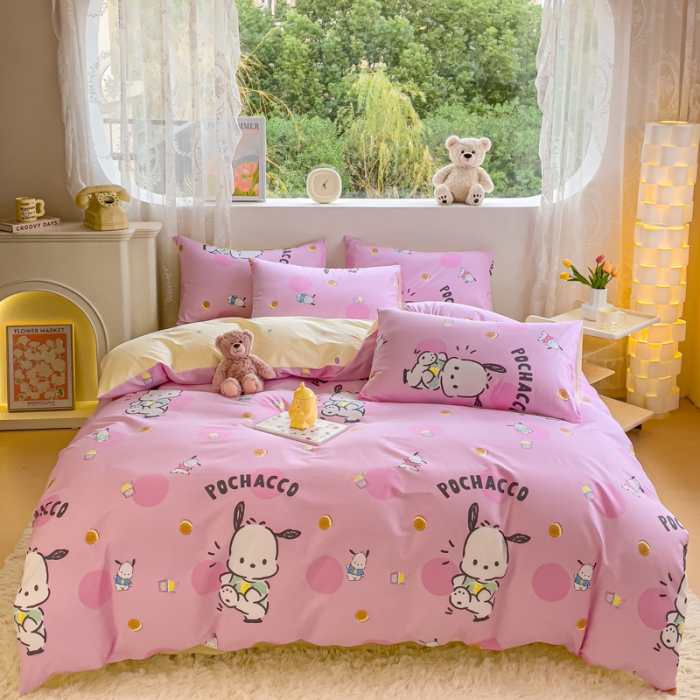 91家纺网 家纺一手货源 找家纺 金丝鸟家纺 2023新款全棉印花可爱卡通帕恰狗四件套 开心粉帕恰狗