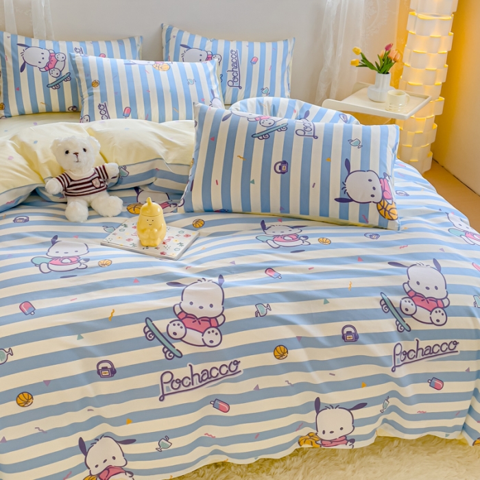 91家纺网 家纺一手货源 找家纺 金丝鸟家纺 2023新款全棉印花可爱卡通帕恰狗四件套 条纹滑板狗