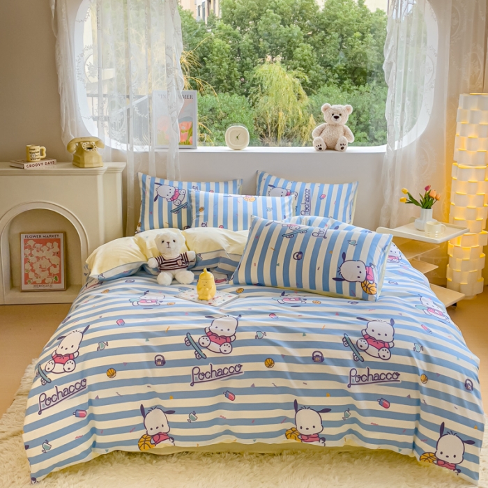 91家纺网 家纺一手货源 找家纺 金丝鸟家纺 2023新款全棉印花可爱卡通帕恰狗四件套 条纹滑板狗