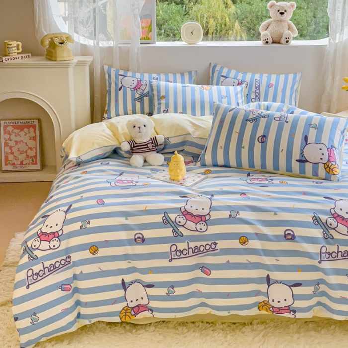 91家纺网 家纺一手货源 找家纺 金丝鸟家纺 2023新款全棉印花可爱卡通帕恰狗四件套 条纹滑板狗