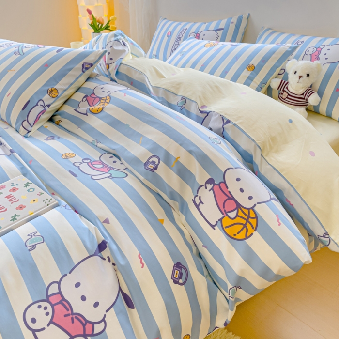 91家纺网 家纺一手货源 找家纺 金丝鸟家纺 2023新款全棉印花可爱卡通帕恰狗四件套 条纹滑板狗