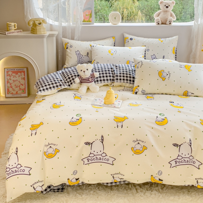 91家纺网 家纺一手货源 找家纺 金丝鸟家纺 2023新款全棉印花可爱卡通帕恰狗四件套 香蕉帕恰狗