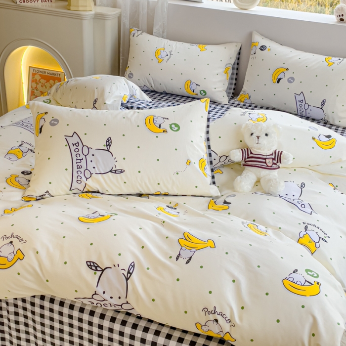 91家纺网 家纺一手货源 找家纺 金丝鸟家纺 2023新款全棉印花可爱卡通帕恰狗四件套 香蕉帕恰狗