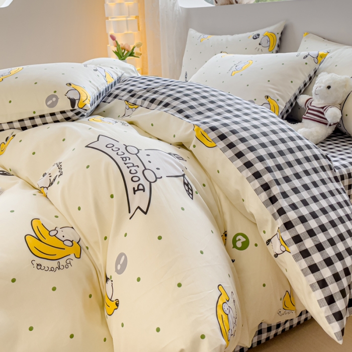 91家纺网 家纺一手货源 找家纺 金丝鸟家纺 2023新款全棉印花可爱卡通帕恰狗四件套 香蕉帕恰狗