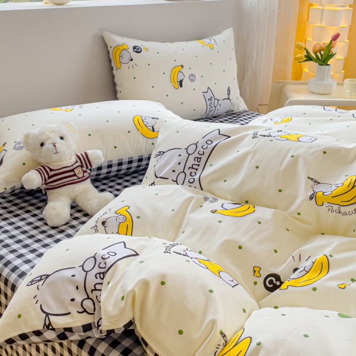 91家纺网 家纺一手货源 找家纺 金丝鸟家纺 2023新款全棉印花可爱卡通帕恰狗四件套 香蕉帕恰狗